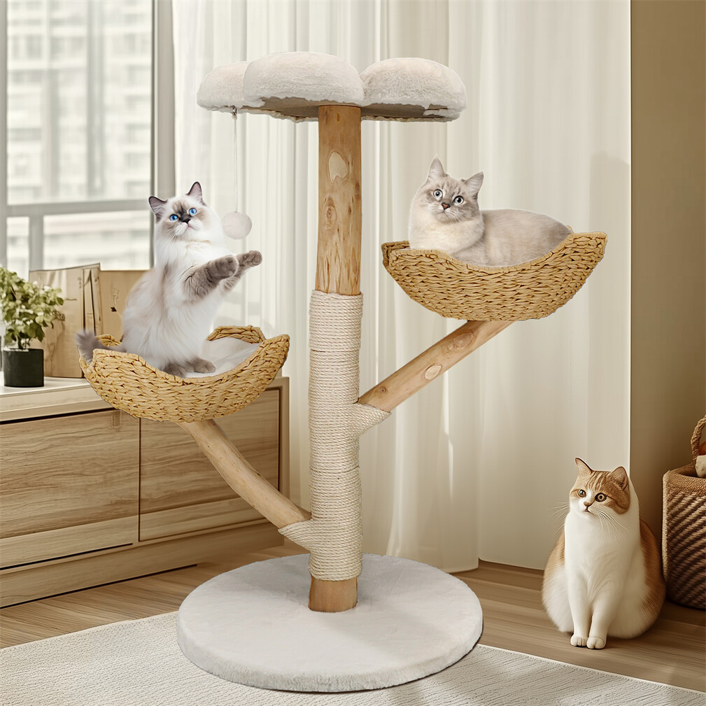 Solid Wood Cat Tree with 3 Branches & Baskets - Image 2