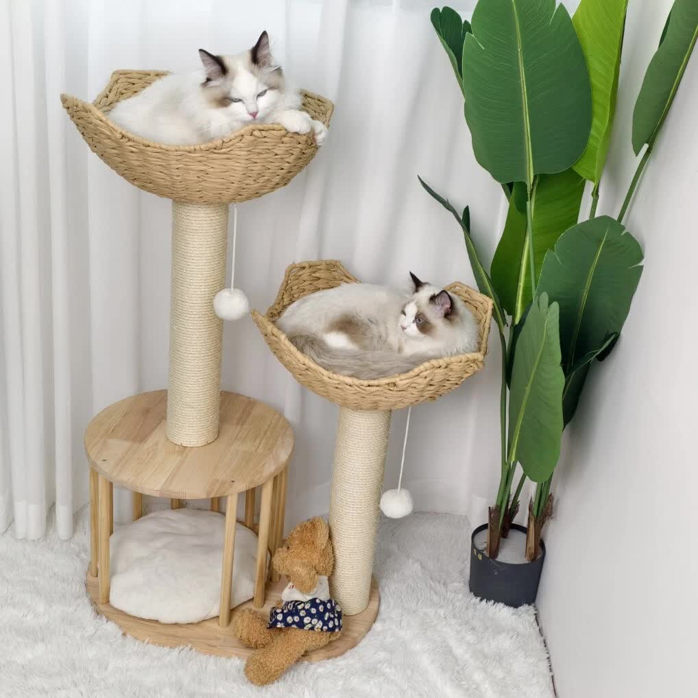 P&P Natural Wood White 3-Tier Cat Tower with Scratching Post, Condo and Plush Baskets - Image 2