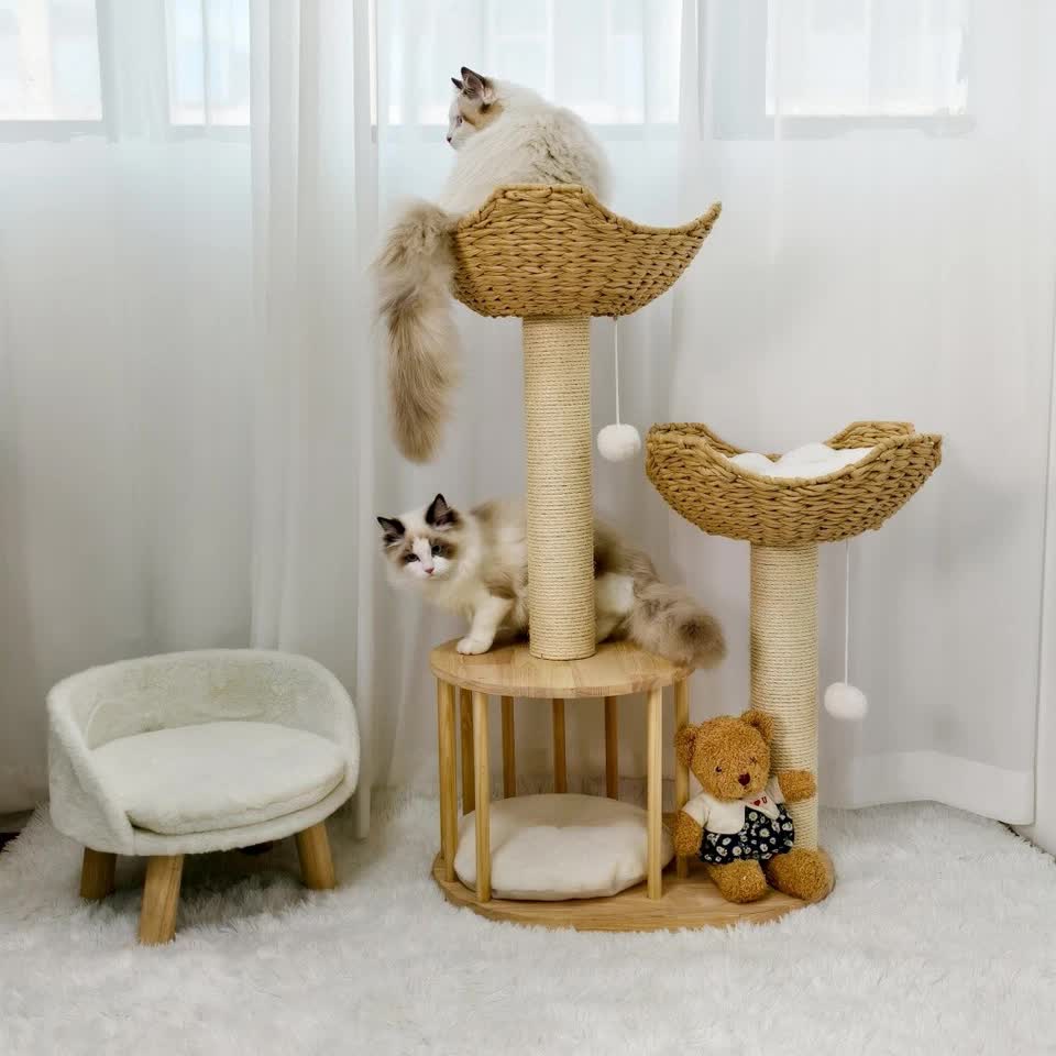 P&P Natural Wood White 3-Tier Cat Tower with Scratching Post, Condo and Plush Baskets - Image 3