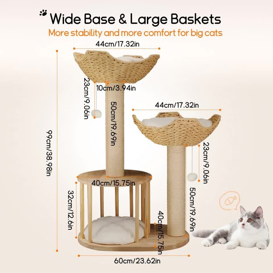 P&P Natural Wood White 3-Tier Cat Tower with Scratching Post, Condo and Plush Baskets - Image 4