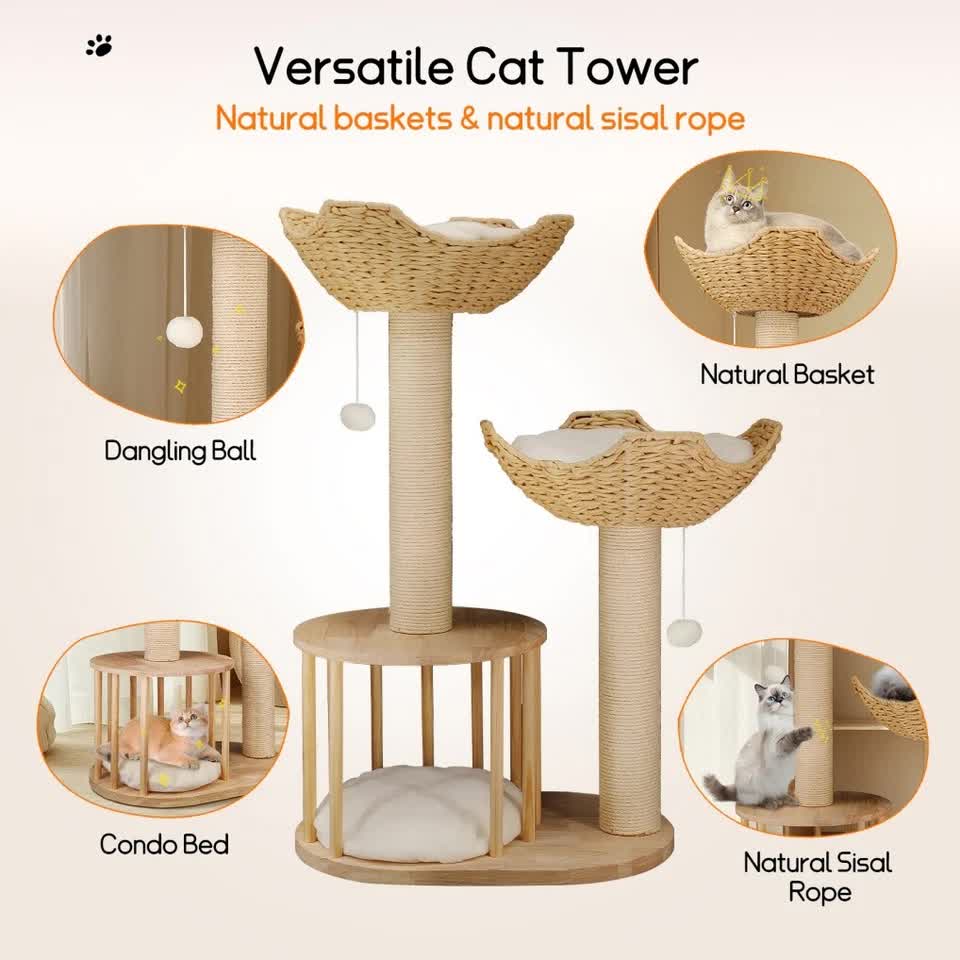 P&P Natural Wood White 3-Tier Cat Tower with Scratching Post, Condo and Plush Baskets - Image 5