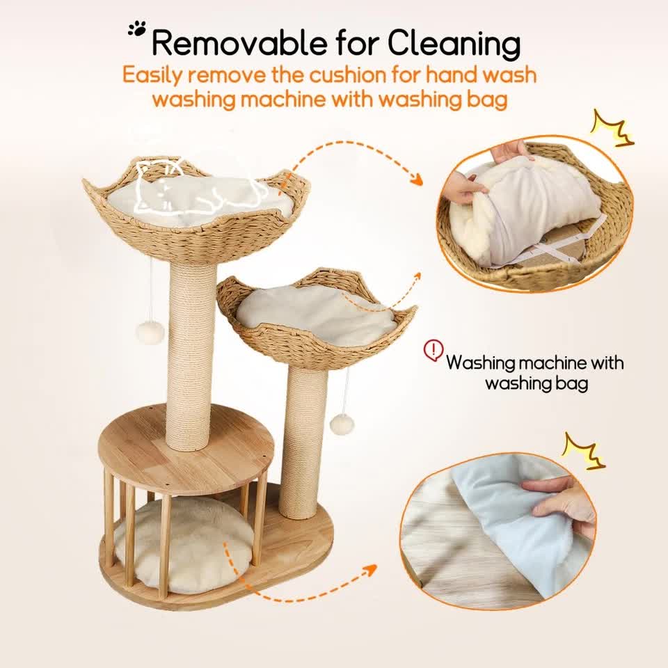 P&P Natural Wood White 3-Tier Cat Tower with Scratching Post, Condo and Plush Baskets - Image 6