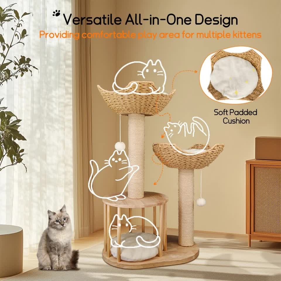 P&P Natural Wood White 3-Tier Cat Tower with Scratching Post, Condo and Plush Baskets - Image 7