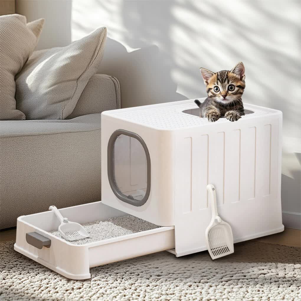 Big Top Entry Deep Tray Enclosed Kitty Cat Litter Box Easy To Clean Pull Handle - Image 3