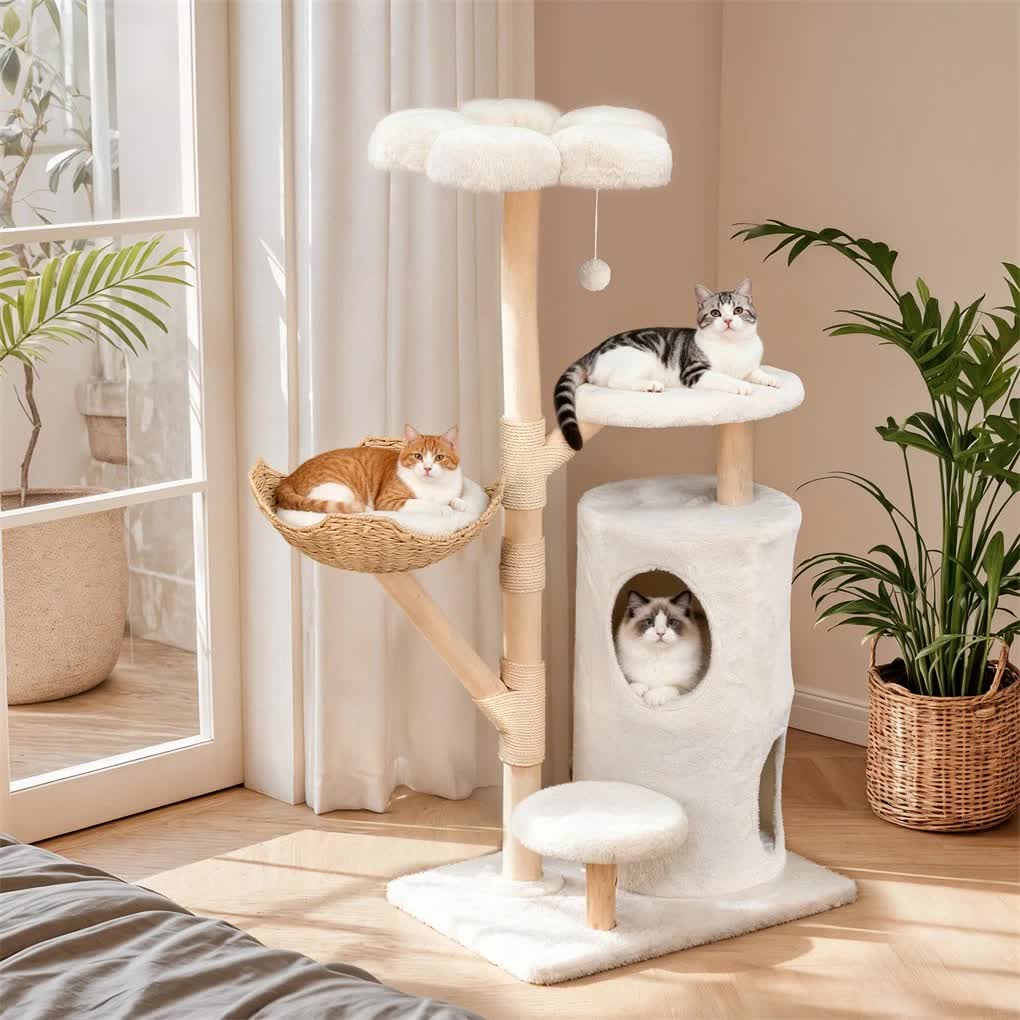 142cm Large Tall Cat Tree Tower with Soft Flower Perch & Condo - Multi-Level Cat Furniture for Kittens & Adult Cats - Image 1