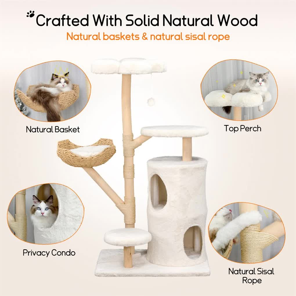 142cm Large Tall Cat Tree Tower with Soft Flower Perch & Condo - Multi-Level Cat Furniture for Kittens & Adult Cats - Image 4