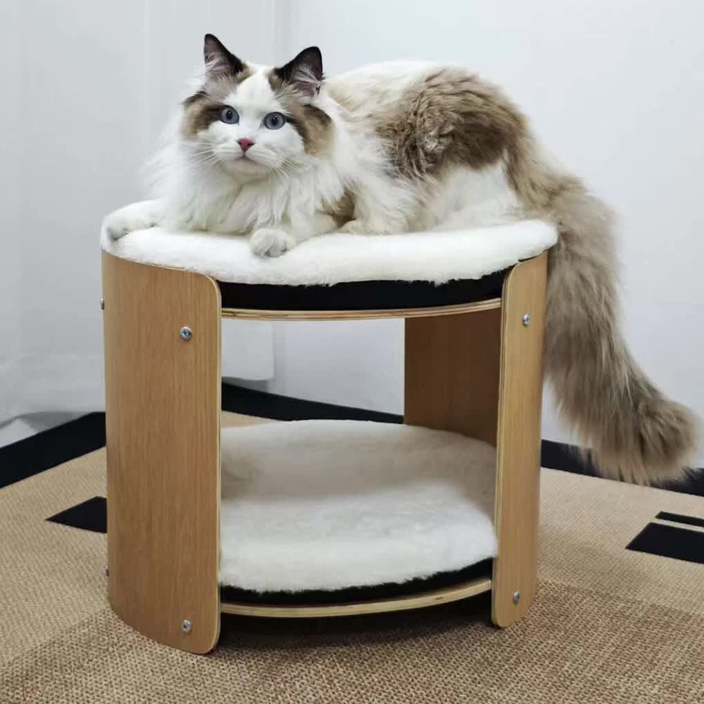 Natural Wood Cat Bunk Bed with Cushioned Two Tiers for Stylish Pet Comfort - Image 2