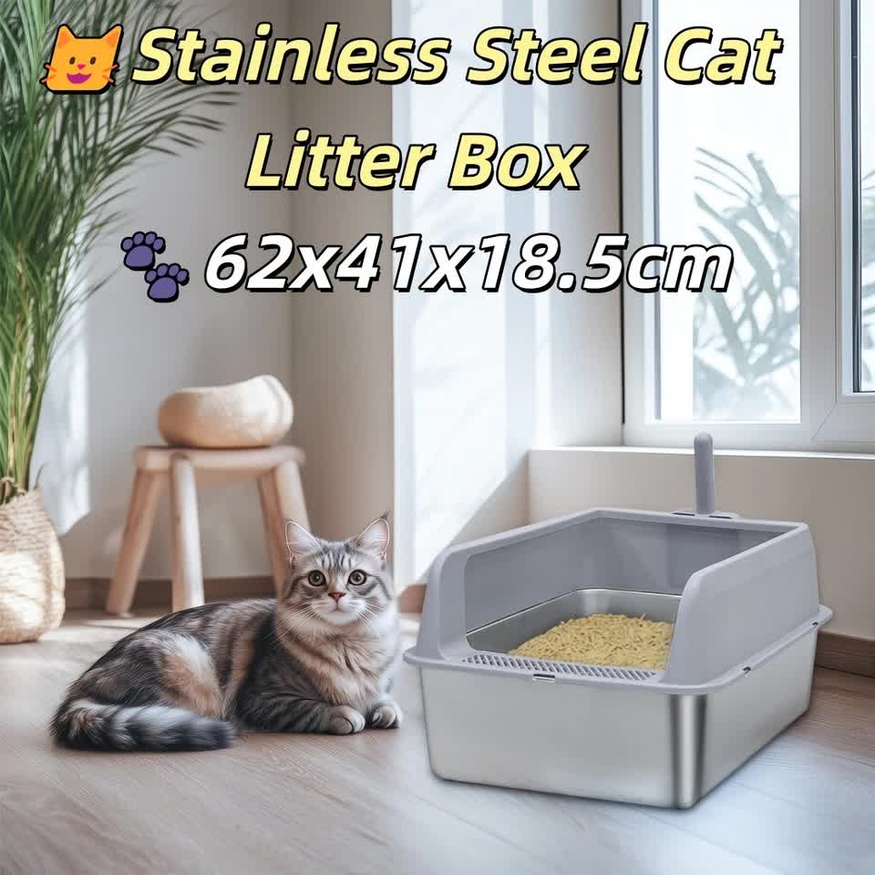 P&P Grey Silver Stainless Steel Cat Litter Box with High Sides, Open Top and Scoop - Image 3