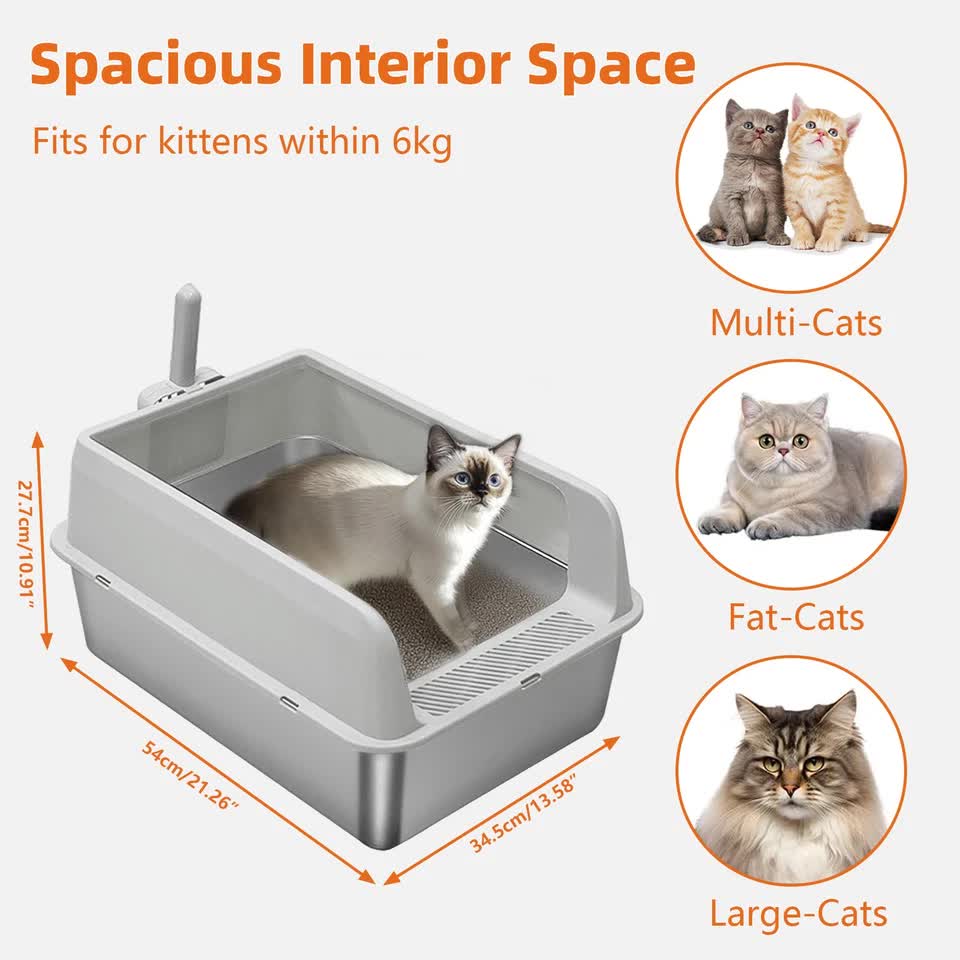P&P Grey Silver Stainless Steel Cat Litter Box with High Sides, Open Top and Scoop - Image 5