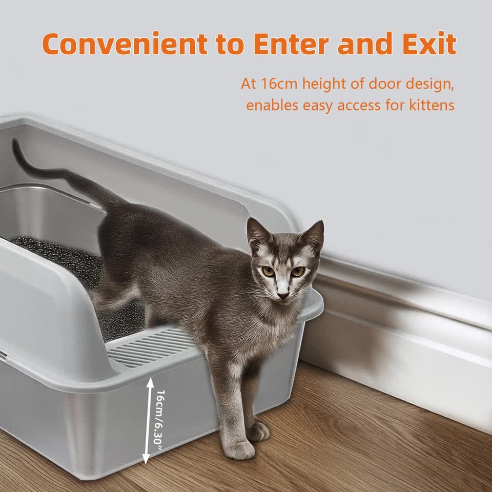 P&P Grey Silver Stainless Steel Cat Litter Box with High Sides, Open Top and Scoop - Image 8