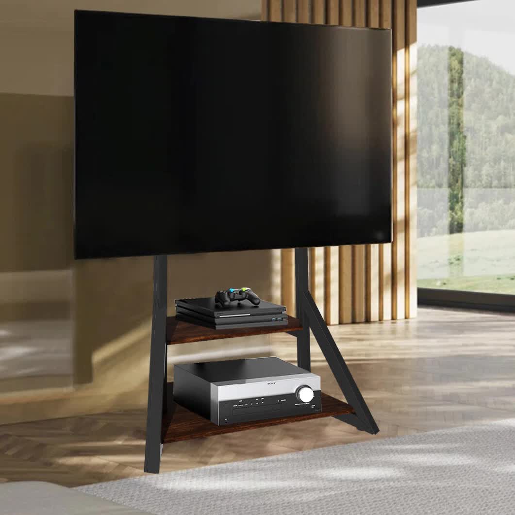 2 Tiers Black Shelves Heavy Duty Universal Tv Floor Stand For 32-75 Inches - Image 2