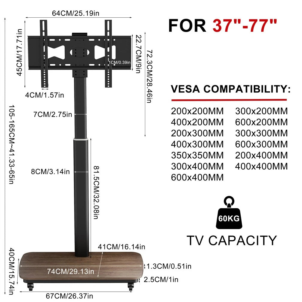 37-75 Inch Electric Height Adjustable Rolling TV Stand - Motorized Floor Mount with Remote Control, Shelf & Lockable Wheels - Image 3