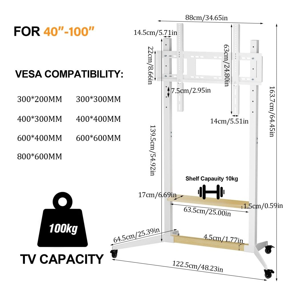 Height Adjustable Steel TV Stand on Wheels - Heavy Duty Mobile Floor Mount Cart for 40ï¿½100 Inch TVs, 100kg Capacity - Image 4