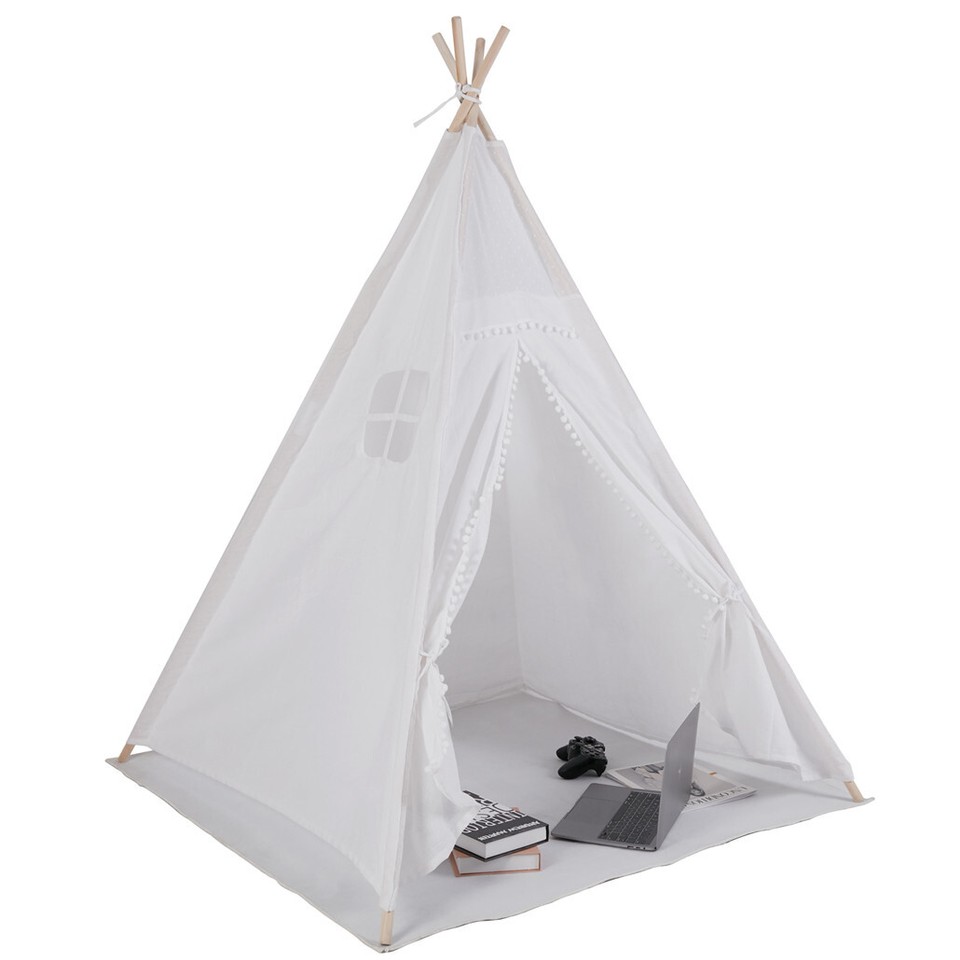 Xxl Kids Play Teepee Tent Indoor Boho Tent Foldable Tipi With Window/Pompom/Mat - Image 1