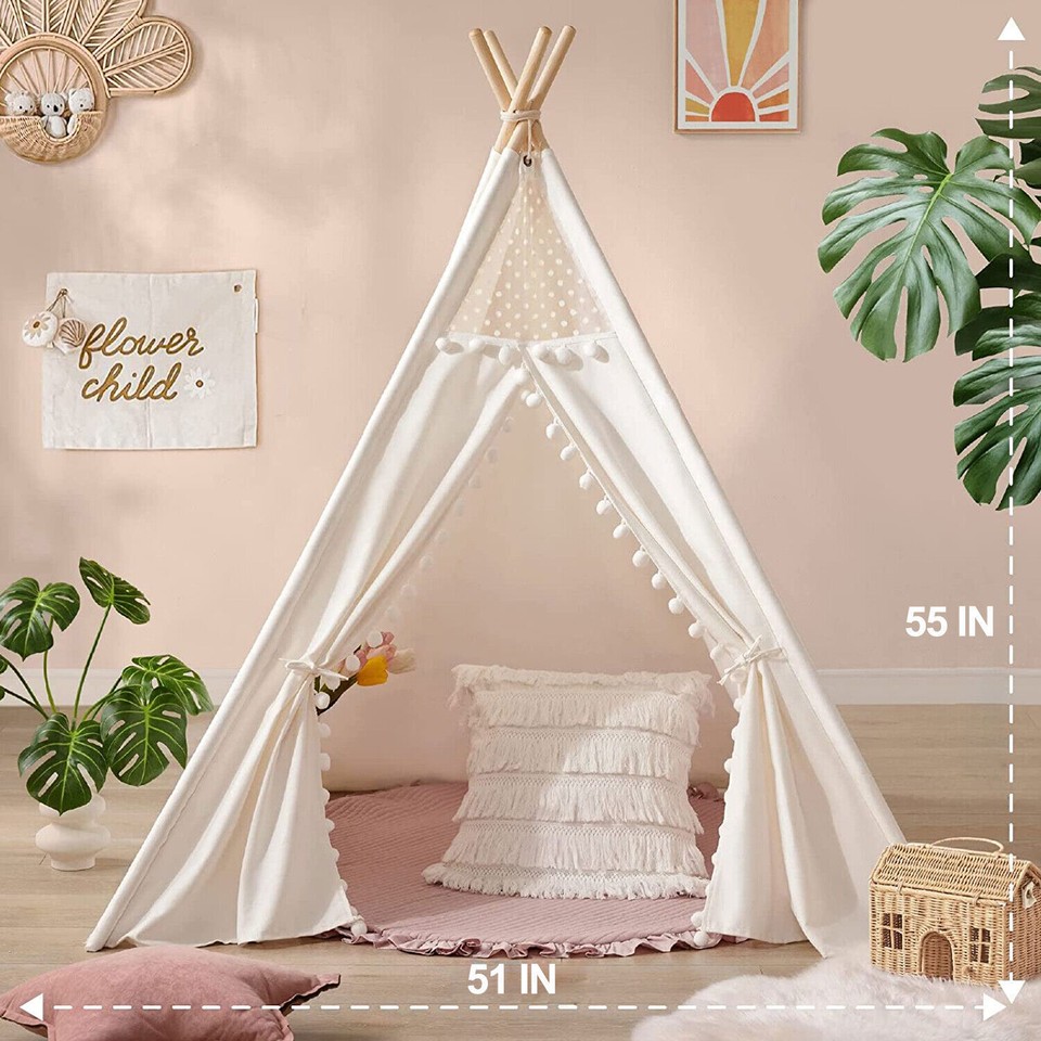 Xxl Kids Play Teepee Tent Indoor Boho Tent Foldable Tipi With Window/Pompom/Mat - Image 3