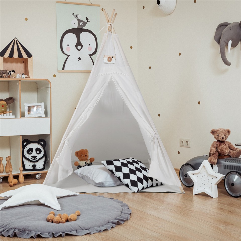 Xxl Kids Play Teepee Tent Indoor Boho Tent Foldable Tipi With Window/Pompom/Mat - Image 6