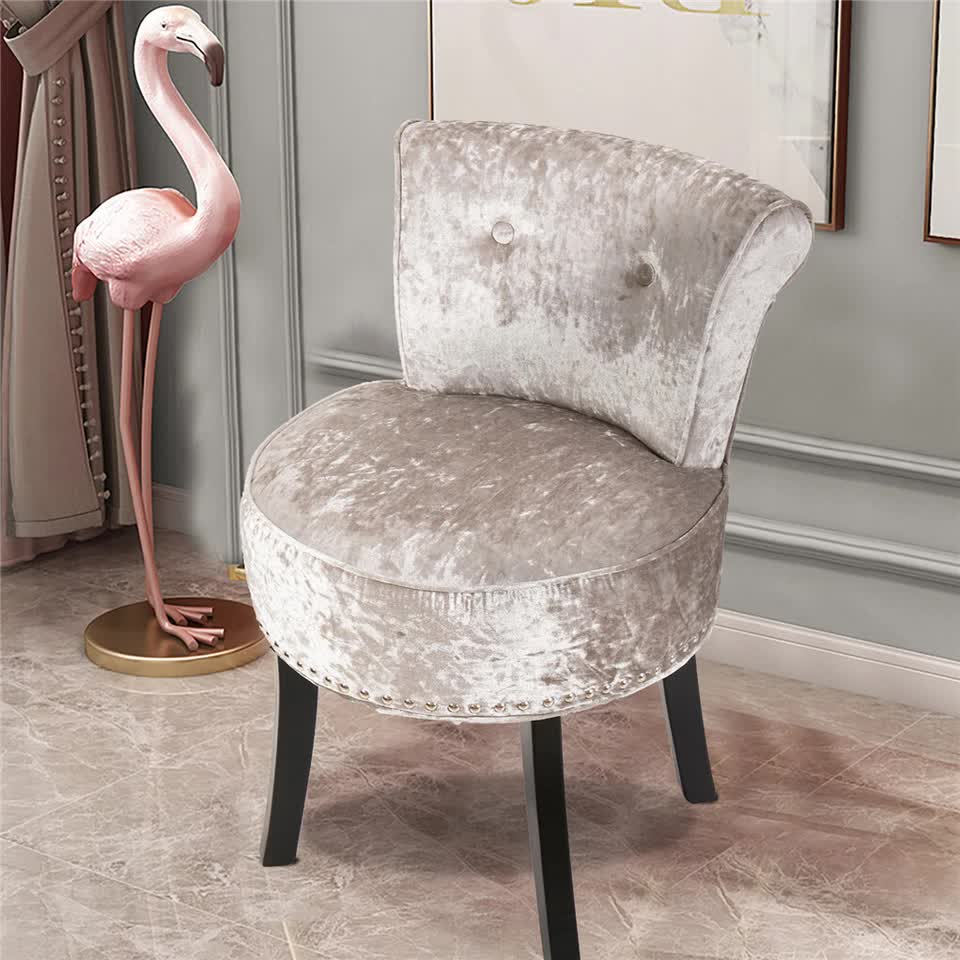 Grey Round Vanity Stool with Padded Seat and Backrest - Image 6