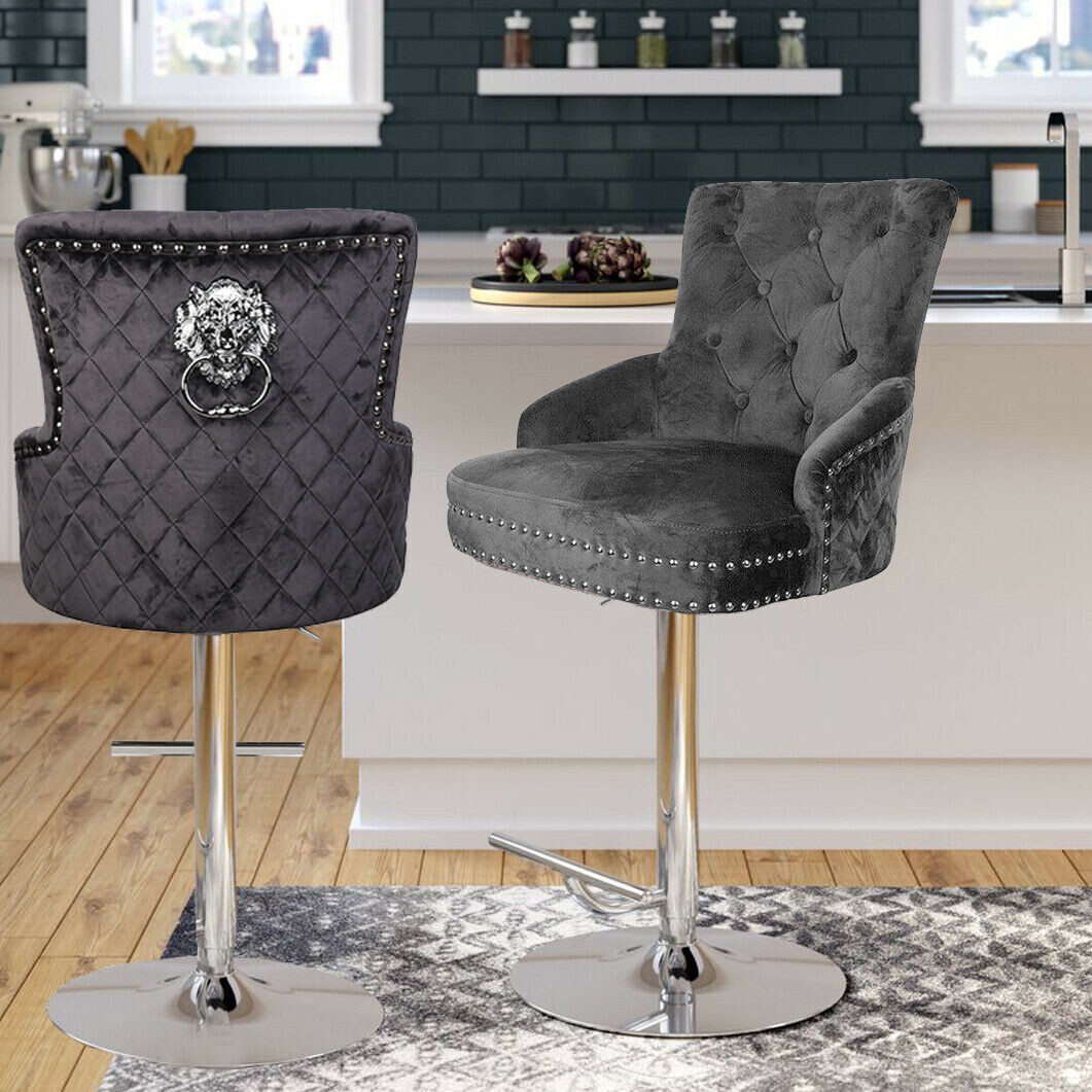 Luxury Black Velvet Swivel Bar Stool With Lion Knocker & Cross Stitch High Back - Image 1