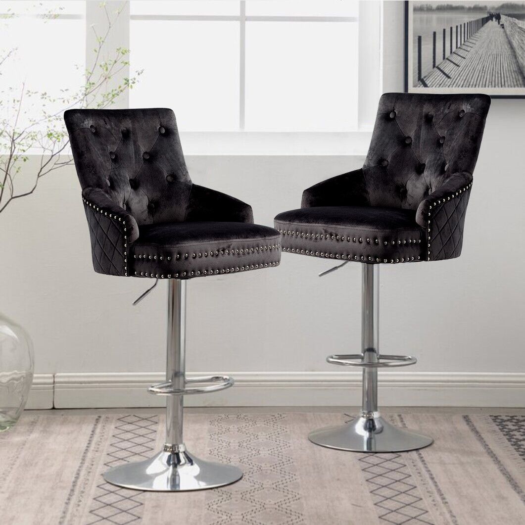Luxury Black Velvet Swivel Bar Stool With Lion Knocker & Cross Stitch High Back - Image 7