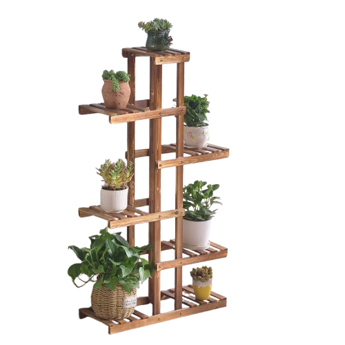 Fin Xxl Carbonized Wood Plant Stand 11 Pots Bonsai Display Shelf Flower Rack Corner - Image 1