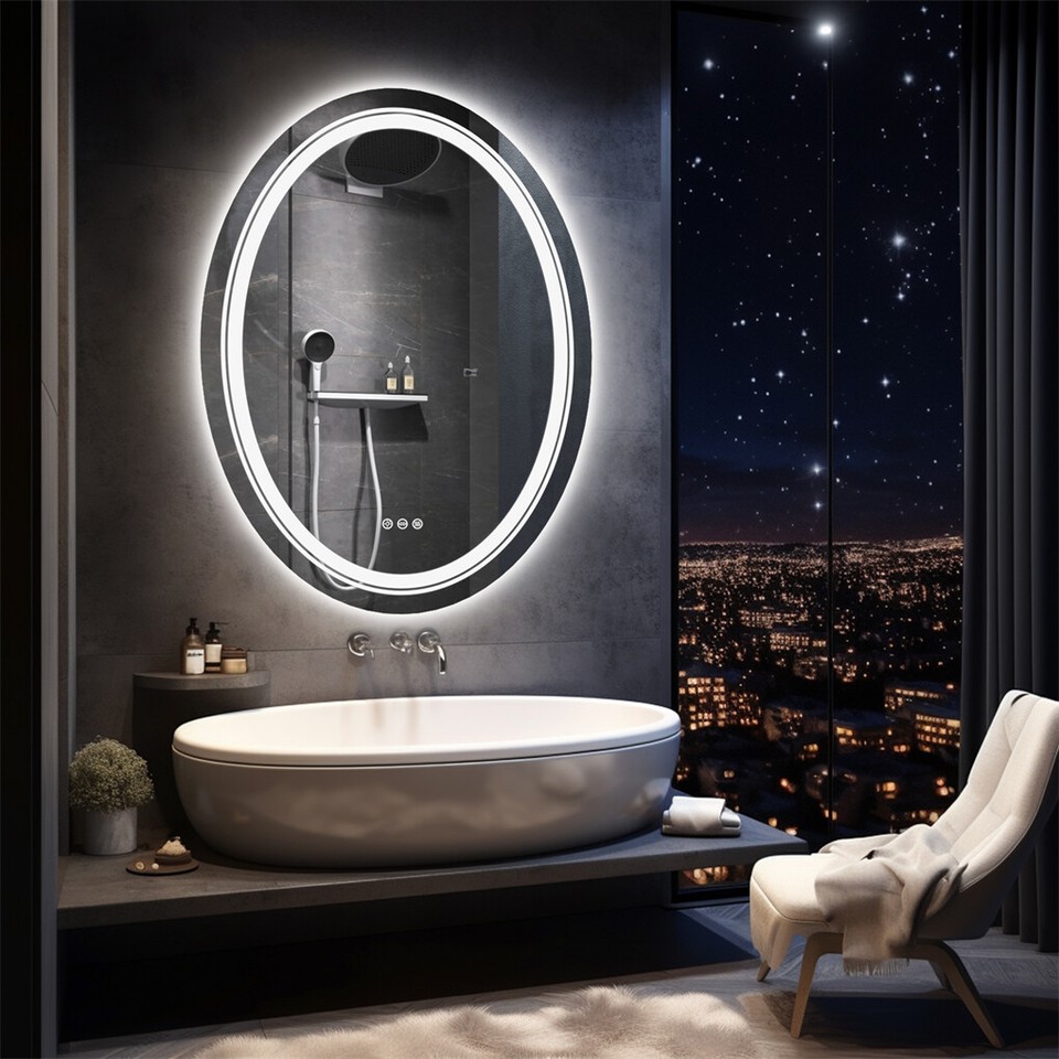 60x80cm Oval Backlit + Front LED Bathroom Mirror Dimmable Shatter-Proof Vanity Mirror - Image 1