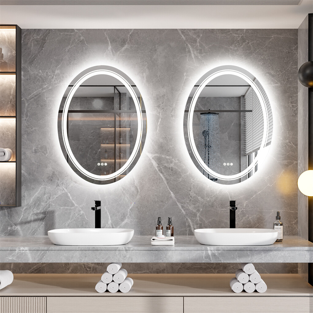 60x80cm Oval Backlit + Front LED Bathroom Mirror Dimmable Shatter-Proof Vanity Mirror - Image 2