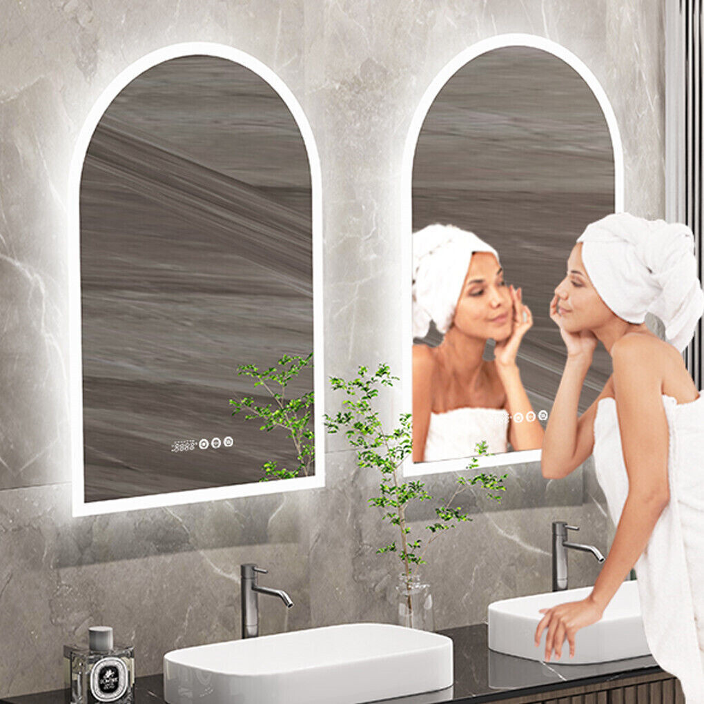 Arch Dimmable Led Bathroom Vanity Mirror w Antifog Temperature Date Time Display - Image 1