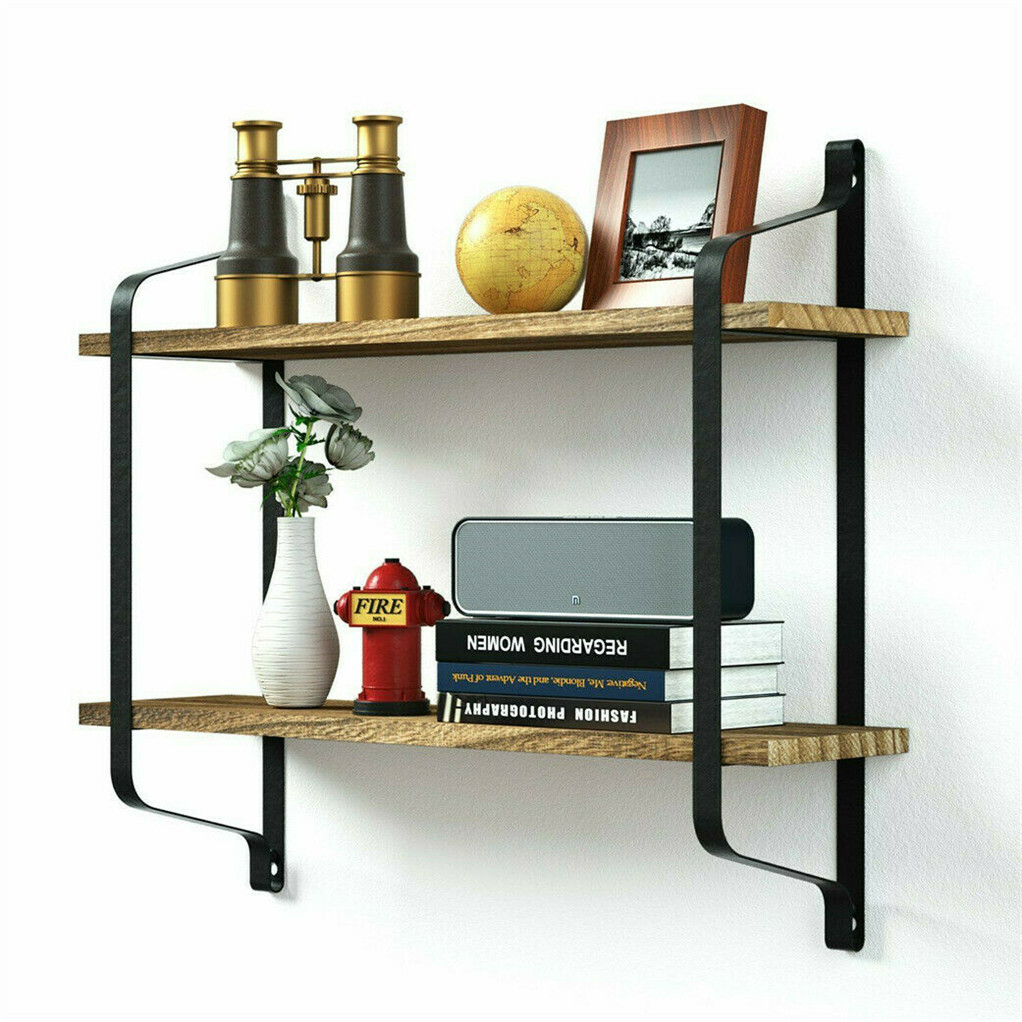 2 Layer Wood Wall Shelves Home Decor Floating Shelf Metal Hanging Storage Rack - Image 1