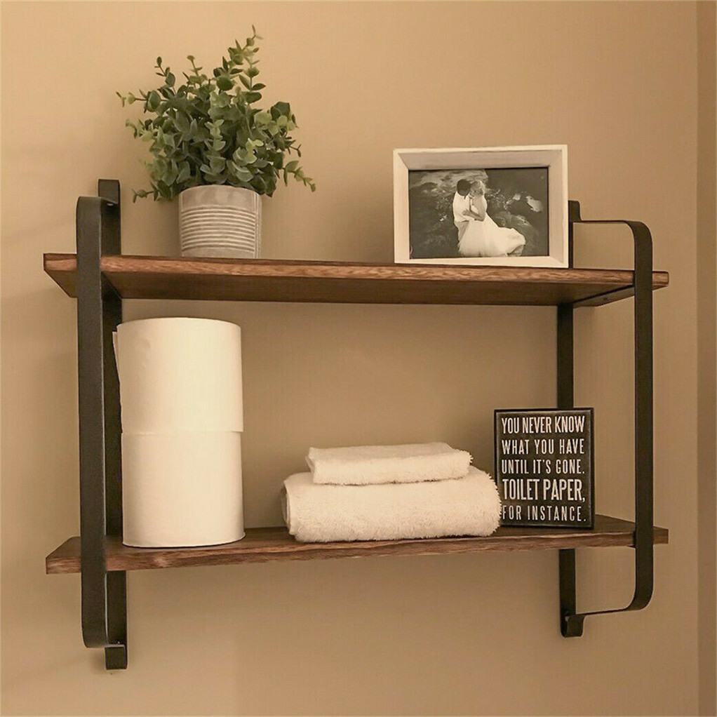 2 Layer Wood Wall Shelves Home Decor Floating Shelf Metal Hanging Storage Rack - Image 2