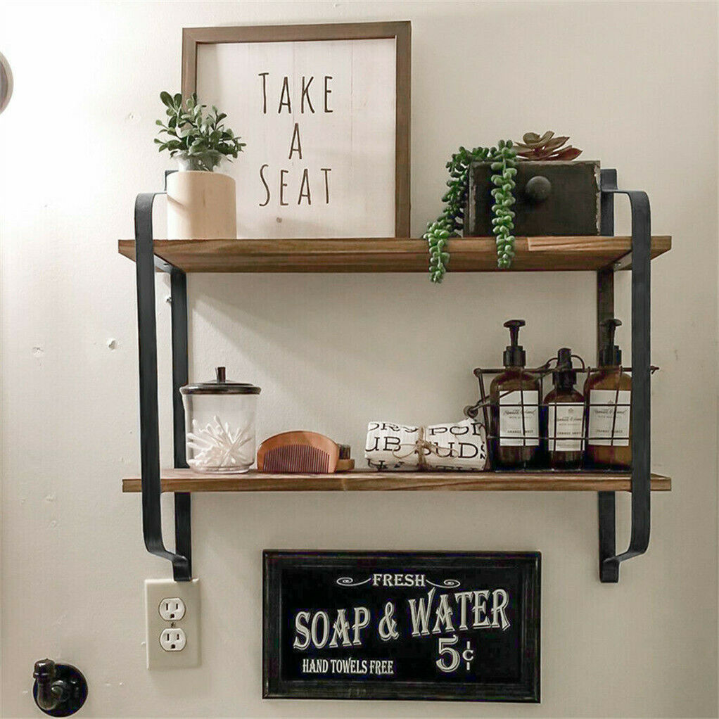 2 Layer Wood Wall Shelves Home Decor Floating Shelf Metal Hanging Storage Rack - Image 3