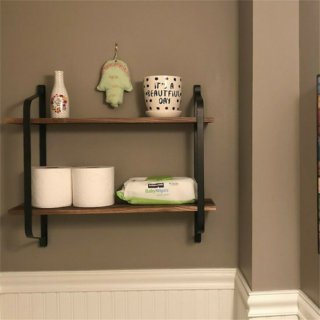 2 Layer Wood Wall Shelves Home Decor Floating Shelf Metal Hanging Storage Rack - Image 4