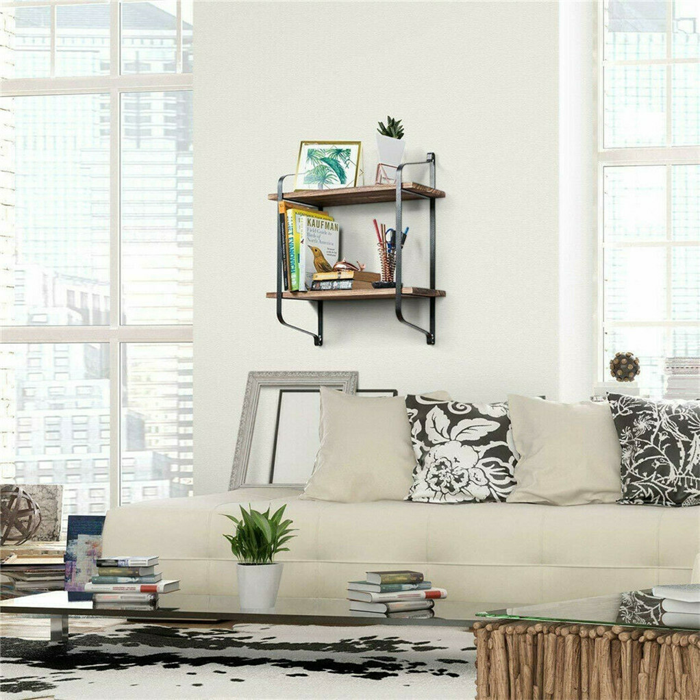 2 Layer Wood Wall Shelves Home Decor Floating Shelf Metal Hanging Storage Rack - Image 5