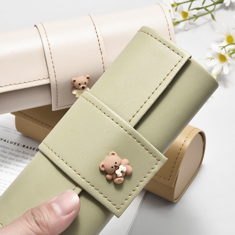 3 PCS Cute Bear PU Leather Glasses Case Large Capacity - Portable Protective Sunglasses Holder for Big Frames - Green Eyewear Storage Box - Image 2