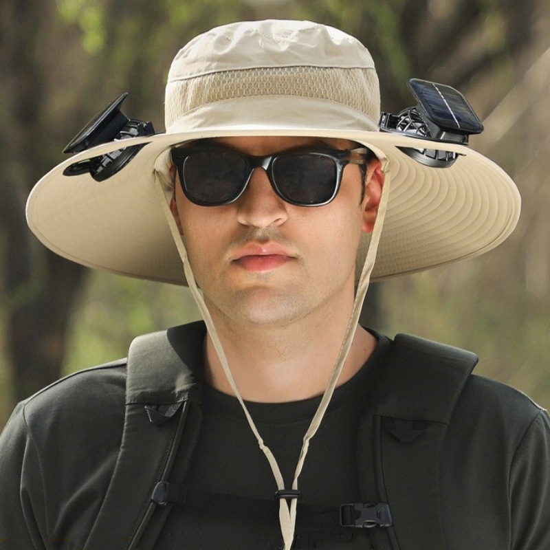 khaki Outdoor Sun Hat with Solar Fan Wide Brim 12cm - Rechargeable Cooling Cap for Fishing Hiking & Gardening - Adjustable 56-60cm - Image 1