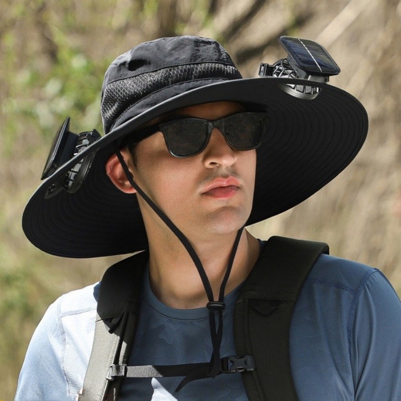 khaki Outdoor Sun Hat with Solar Fan Wide Brim 12cm - Rechargeable Cooling Cap for Fishing Hiking & Gardening - Adjustable 56-60cm - Image 3