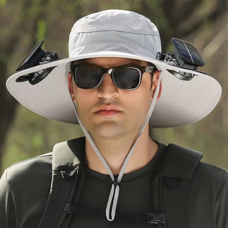Grey Outdoor Sun Hat with Solar Fan Wide Brim 12cm - Rechargeable Cooling Cap for Fishing Hiking & Gardening - Adjustable 56-60cm - Image 1