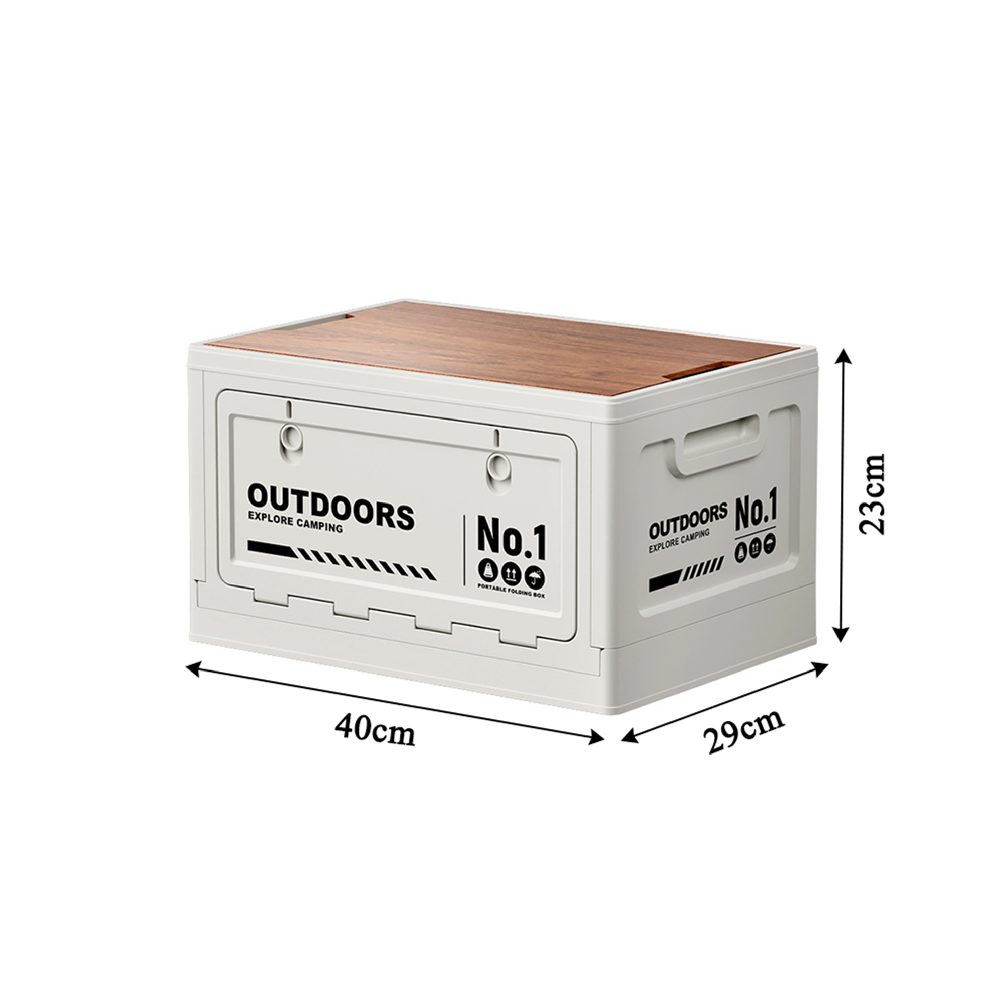 40cm White Multifunctional Foldable Storage Box with Wooden Lid - Collapsible Outdoor Camping Crate, Stackable Home Organizer with Side-Opening Doors for Car Trunk, Picnic and Pantry - Image 1