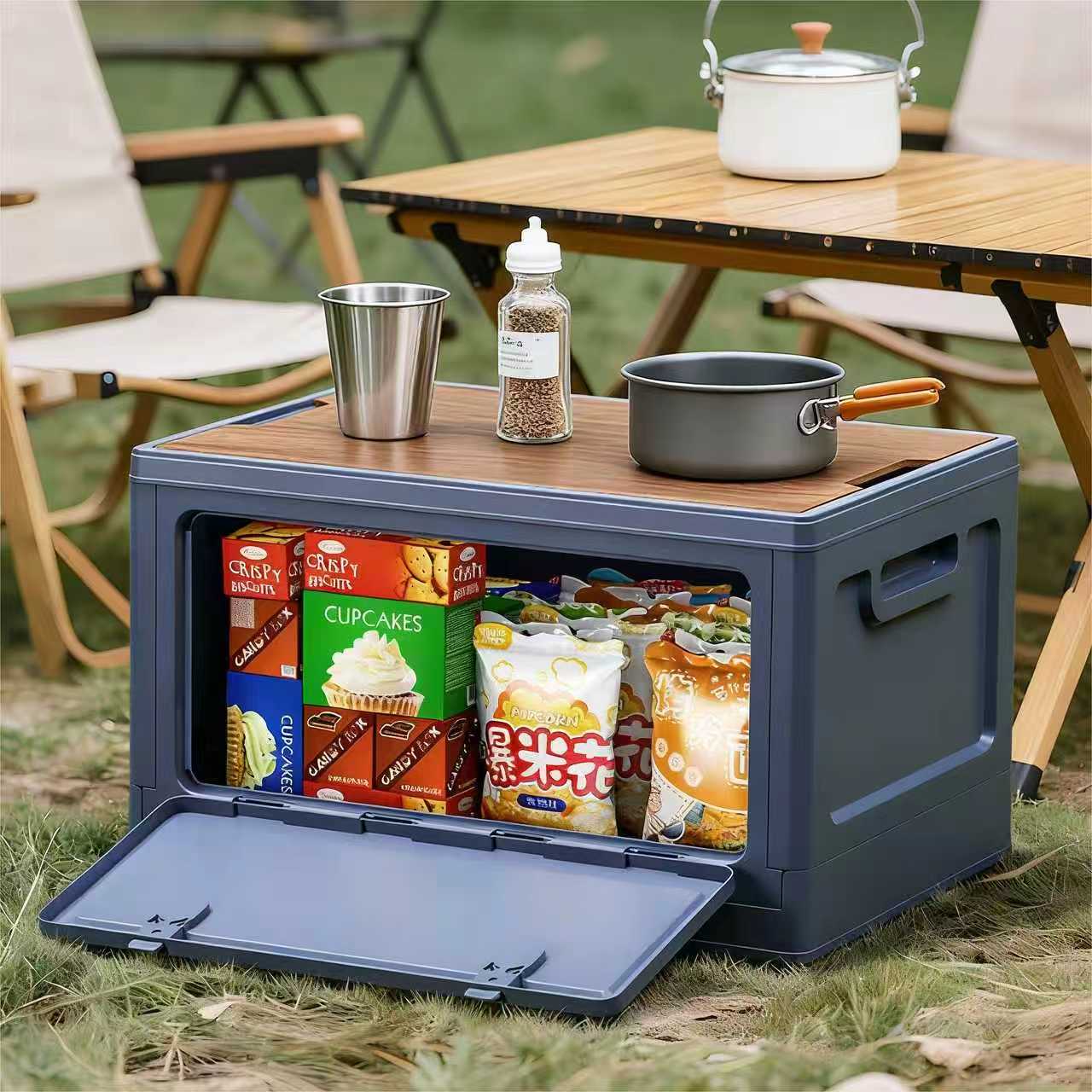40cm White Multifunctional Foldable Storage Box with Wooden Lid - Collapsible Outdoor Camping Crate, Stackable Home Organizer with Side-Opening Doors for Car Trunk, Picnic and Pantry - Image 5