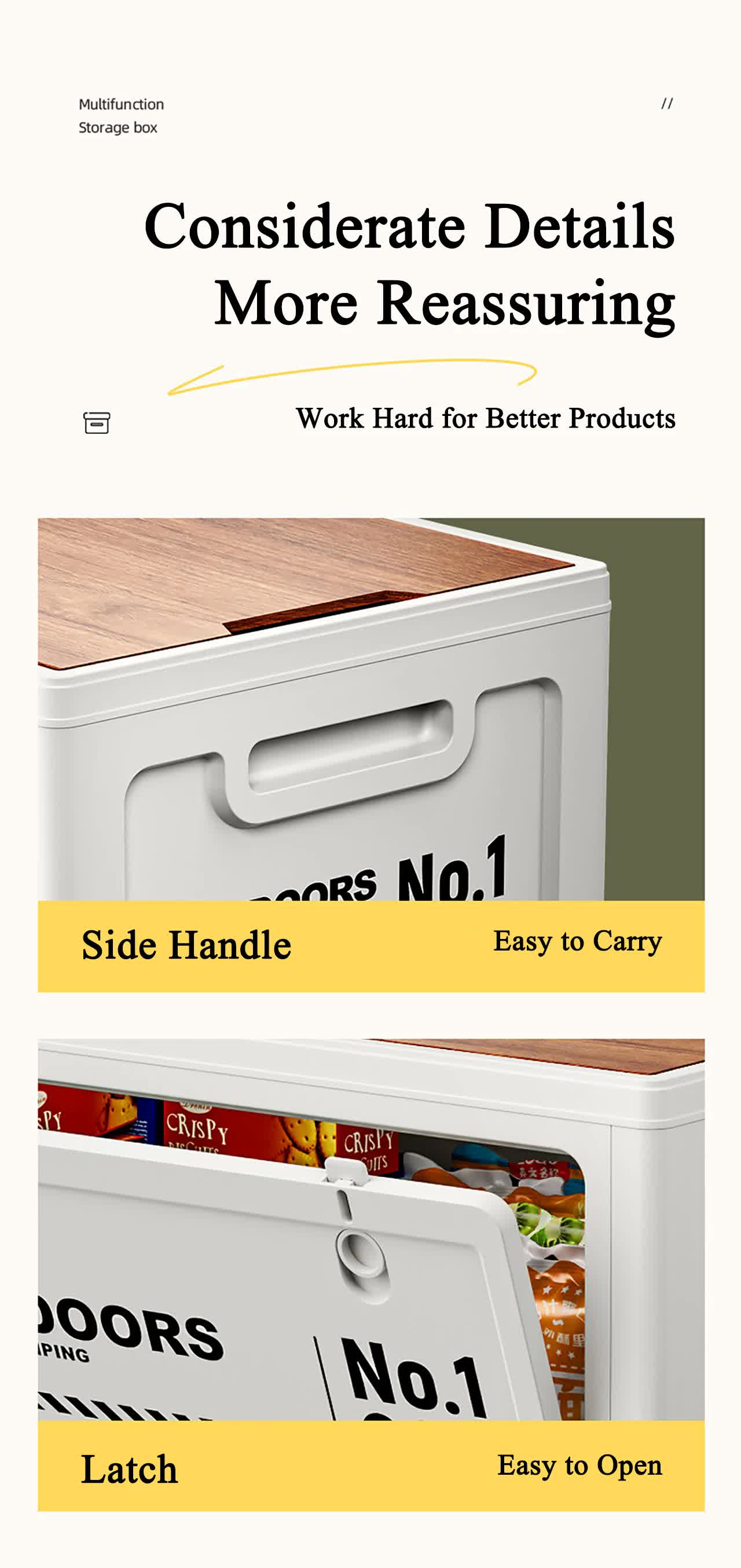 40cm White Multifunctional Foldable Storage Box with Wooden Lid - Collapsible Outdoor Camping Crate, Stackable Home Organizer with Side-Opening Doors for Car Trunk, Picnic and Pantry - Image 6