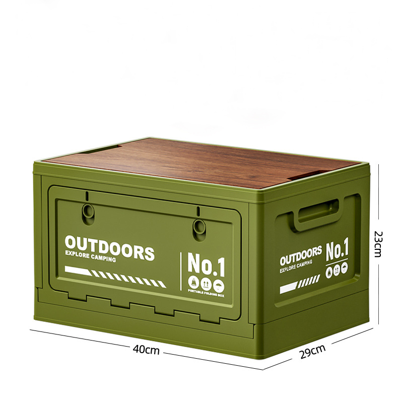40cm Green Multifunctional Foldable Storage Box with Wooden Lid - Collapsible Outdoor Camping Crate, Stackable Home Organizer with Side-Opening Doors for Car Trunk, Picnic and Pantry - Image 1