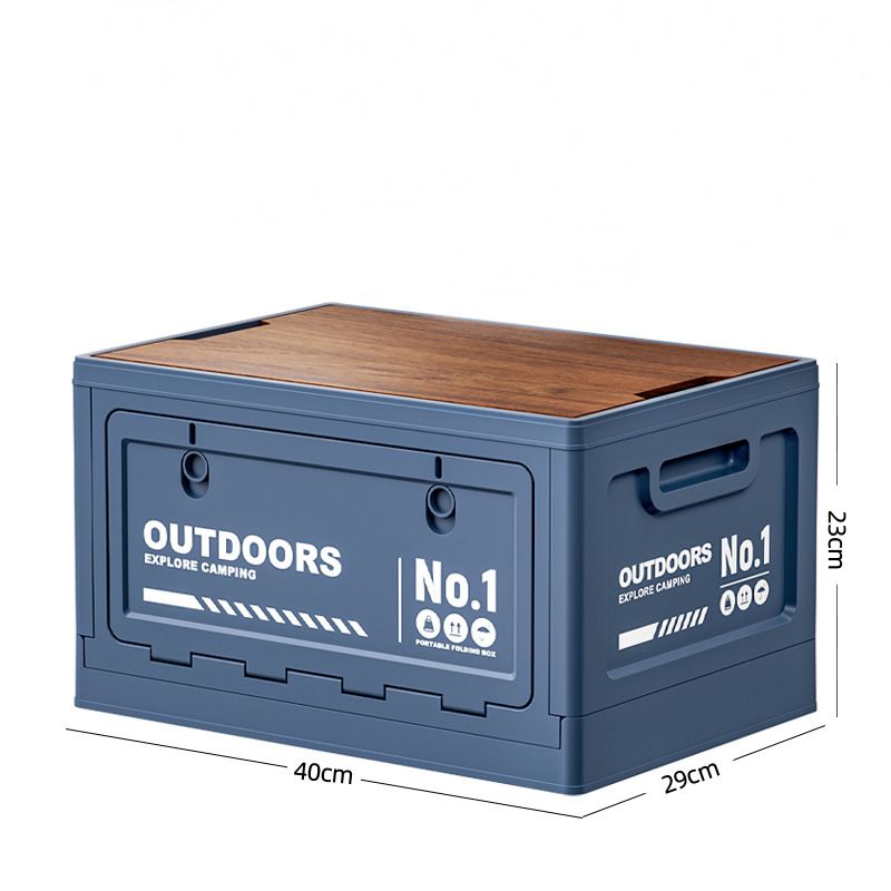 40cm Blue Multifunctional Foldable Storage Box with Wooden Lid - Collapsible Outdoor Camping Crate, Stackable Home Organizer with Side-Opening Doors for Car Trunk, Picnic and Pantry - Image 1