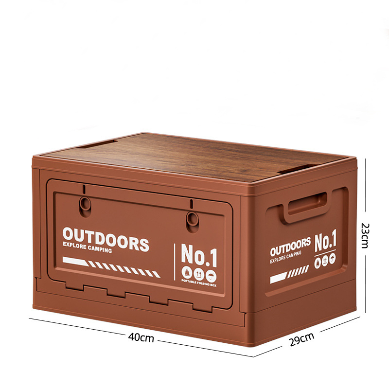 40cm Brown Multifunctional Foldable Storage Box with Wooden Lid - Collapsible Outdoor Camping Crate, Stackable Home Organizer with Side-Opening Doors for Car Trunk, Picnic and Pantry - Image 1