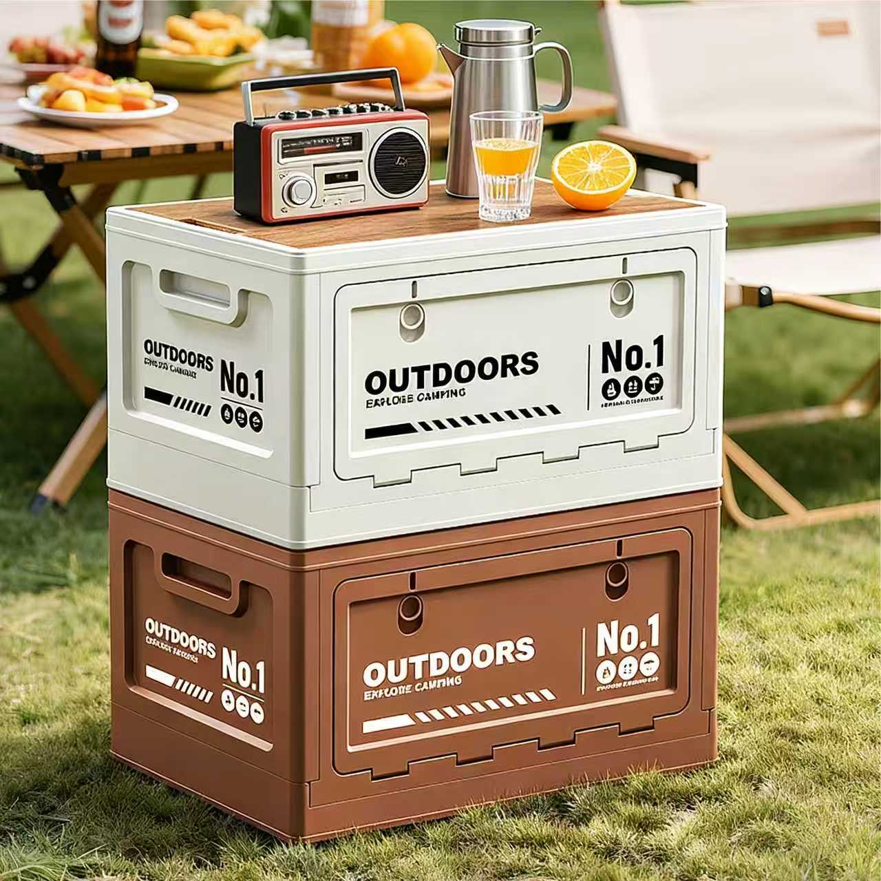 40cm Brown Multifunctional Foldable Storage Box with Wooden Lid - Collapsible Outdoor Camping Crate, Stackable Home Organizer with Side-Opening Doors for Car Trunk, Picnic and Pantry - Image 3