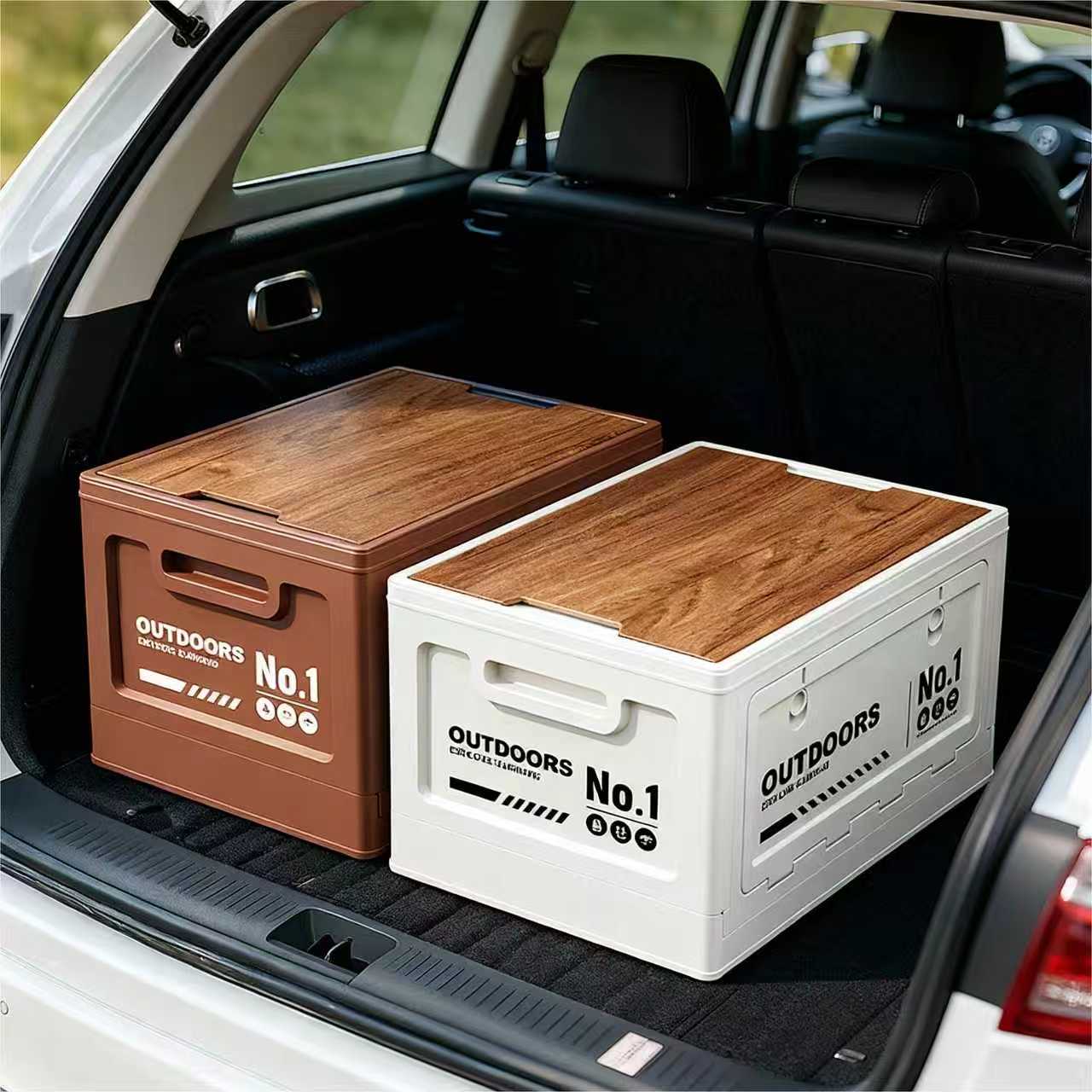 40cm Brown Multifunctional Foldable Storage Box with Wooden Lid - Collapsible Outdoor Camping Crate, Stackable Home Organizer with Side-Opening Doors for Car Trunk, Picnic and Pantry - Image 4
