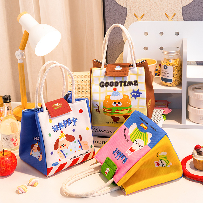 3 PCS Cute Cartoon Large Capacity Lunch Bag - Portable Soft  Handbag for School and Office - Reusable Picnic Food Storage Pouch with Comfortable Rope Handles - Image 1