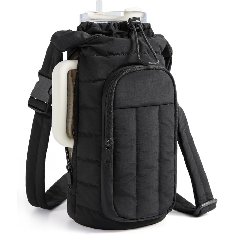 Black Quilted Water Bottle Carrier Bag with Large Phone Pocket - Insulated Tumbler Pouch with Adjustable Shoulder Strap - Crossbody Water Bottle Holder for18oz to 64ozTumblers, Gym, and Travel - Image 1