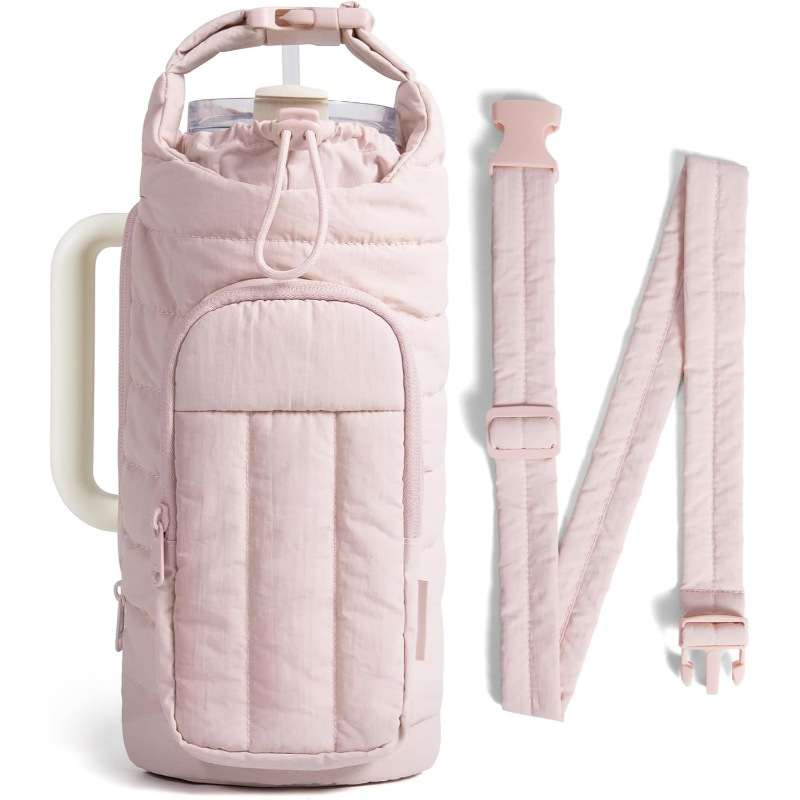 Light Pink Quilted Water Bottle Carrier Bag with Large Phone Pocket - Insulated Tumbler Pouch with Adjustable Shoulder Strap - Crossbody Water Bottle Holder for18oz to 64ozTumblers, Gym, and Travel - Image 1