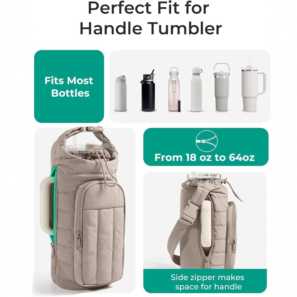 Light Pink Quilted Water Bottle Carrier Bag with Large Phone Pocket - Insulated Tumbler Pouch with Adjustable Shoulder Strap - Crossbody Water Bottle Holder for18oz to 64ozTumblers, Gym, and Travel - Image 2