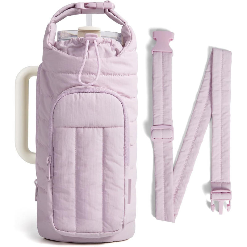 purple Quilted Water Bottle Carrier Bag with Large Phone Pocket - Insulated Tumbler Pouch with Adjustable Shoulder Strap - Crossbody Water Bottle Holder for18oz to 64ozTumblers, Gym, and Travel - Image 1