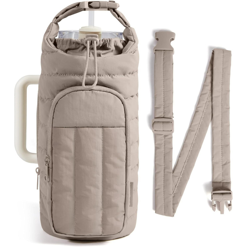 Camel Quilted Water Bottle Carrier Bag with Large Phone Pocket - Insulated Tumbler Pouch with Adjustable Shoulder Strap - Crossbody Water Bottle Holder for18oz to 64ozTumblers, Gym, and Travel - Image 1